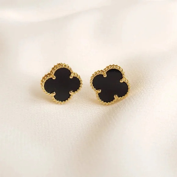 Alhambra Style Gold and Black Clover Earrings - Picture 1 of 2